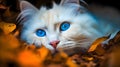 Image of a cute cat. Macro photography. Blurred background with autumn leaves. Royalty Free Stock Photo