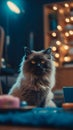 Image of a cute cat in portrait style. Blurred background with colored lights.