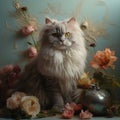 Image of cute cat surrounded by flowers. Pet,. Animals Royalty Free Stock Photo