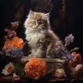 Image of cute cat surrounded by flowers. Pet,. Animals Royalty Free Stock Photo