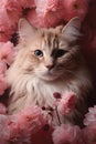 Image of cute cat surrounded by flowers. Pet,. Animals Royalty Free Stock Photo