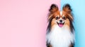 Image with cute fluffy dog papillon on pink and blue background Royalty Free Stock Photo