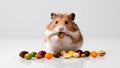 Image of a cute hamster eating nuts  on white background. Royalty Free Stock Photo