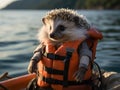 Hedgehog sailing in a life jacket