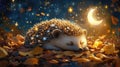 Image of a Cute Hedgehog Sleeping in the Night Under the Moon and Stars Royalty Free Stock Photo