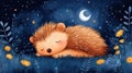 Image of a Cute Hedgehog Sleeping in the Night Under the Moon and Stars Royalty Free Stock Photo