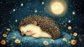 Image of a Cute Hedgehog Sleeping in the Night Under the Moon and Stars Royalty Free Stock Photo