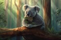 Image of a cute koala bear on a tree on natural background. Wild Animals. Illustration. Generative AI Royalty Free Stock Photo