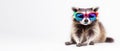 A cute raccoon wearing rainbow-colored sunglasses on white background with copy space. Generative AI.