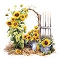 Cute sunflowers watercolor illustration, animals and farm clipart