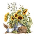 Cute sunflowers watercolor illustration, animals and farm clipart