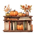 Cute watercolor autumn books shelf, illustration
