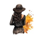 Cute watercolor autumn fall girl back view with hat and autumn colors, illustration