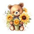 Cute watercolor bear with sunflower illustration, teddy bears clipart Royalty Free Stock Photo