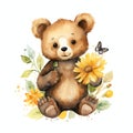 Cute watercolor bear with sunflower illustration, teddy bears clipart Royalty Free Stock Photo
