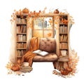 Cute watercolor cozy bookroom in autumn, living room fall, cozy scene in fall autumn, illustration