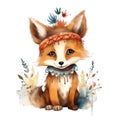 Cute watercolor fox with flowers and boho plants illustration