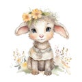 Cute watercolor lamb with flowers and boho plants illustration