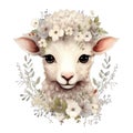 Cute watercolor lamb with flowers and boho plants illustration