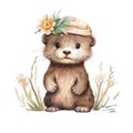 Cute watercolor otter with flowers and boho plants illustration