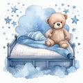 Cute watercolor teddy bear in blue bed boy illustration, teddy bears clipart Royalty Free Stock Photo