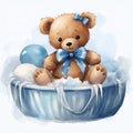 Cute watercolor teddy bear in blue bed boy illustration, teddy bears clipart Royalty Free Stock Photo