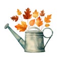 Cute watercolor watering can floral leaves in autumn fall colors, illustration