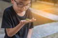 Asian boy holding worm caterpillar.