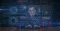 Image of cyber attack warning text and data processing over male hacker Royalty Free Stock Photo