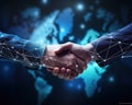 digital cyber business concept with network lines and shaking hands. Royalty Free Stock Photo