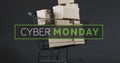 Image of cyber monday text over shopping trolley Royalty Free Stock Photo