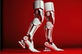 Image of cyber prosthetic of legs on red background, created using generative ai technology