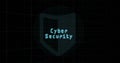 Image of cyber security text over shield on black background
