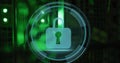 Image of cyber security text and security padlock icon on round scanner against server room