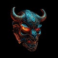 Image of cyberpunk bull mask with colorful patterns on black background. Wildlife Animals. Illustration. Generative AI