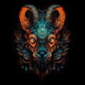 Image of cyberpunk goat mask with colorful patterns on black background. Wildlife Animals. Illustration. Generative AI