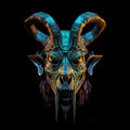 Image of cyberpunk goat mask with colorful patterns on black background. Wildlife Animals. Illustration. Generative AI