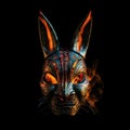 Image of cyberpunk rabbit mask with colorful patterns on black background. Wildlife Animals. Illustration. Generative AI