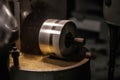 Image of cylindrical metal part being polished with abrasive wheel in factory