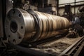 Image of cylindrical part being shaped with abrasive wheel in manufacturing plant