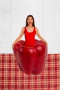 Image 3d collage sketch magazine of cheerful happy girl huge red tasty sweet pepper isolated on painted background