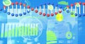 Image of 3d dna, virus with graphs, infographic data processing on digital interface Royalty Free Stock Photo