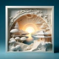 image of a 3D paper sculpture of a serene kinkade-style night scene. Royalty Free Stock Photo