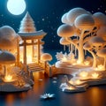 image of a 3D paper sculpture of a serene kinkade-style night scene. Royalty Free Stock Photo