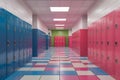 Image 3D render of school corridor with lockers in blue and pink Royalty Free Stock Photo
