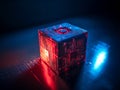 3d rendered cube of binary data glowing with red color on computer circuit board, digital cube encoder technology, generative AI