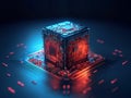 3d rendered cube of binary data glowing with red color on computer circuit board, digital cube encoder technology, generative AI