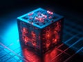 3d rendered cube of binary data glowing with red color on computer circuit board, digital cube encoder technology, generative AI