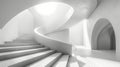 The image is a 3D rendering of a modern staircase with a spiral design