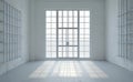 The image is a 3D rendering of a prison cell's interior, featuring a door that is locked and a window through which Royalty Free Stock Photo